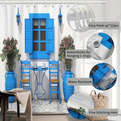 Greek Summer House Pattern Shower Curtain With Hooks