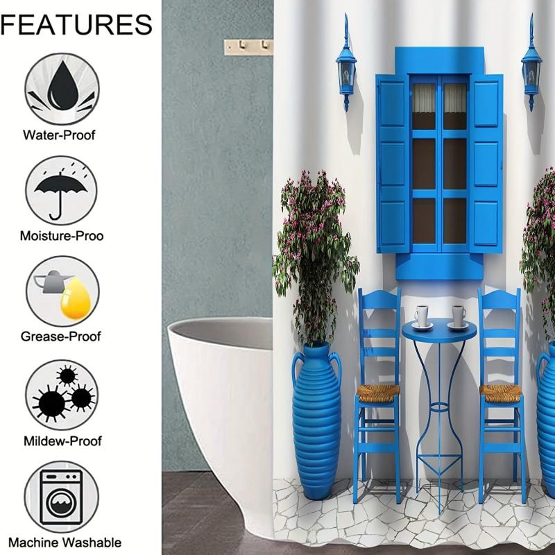 Greek Summer House Pattern Shower Curtain With Hooks