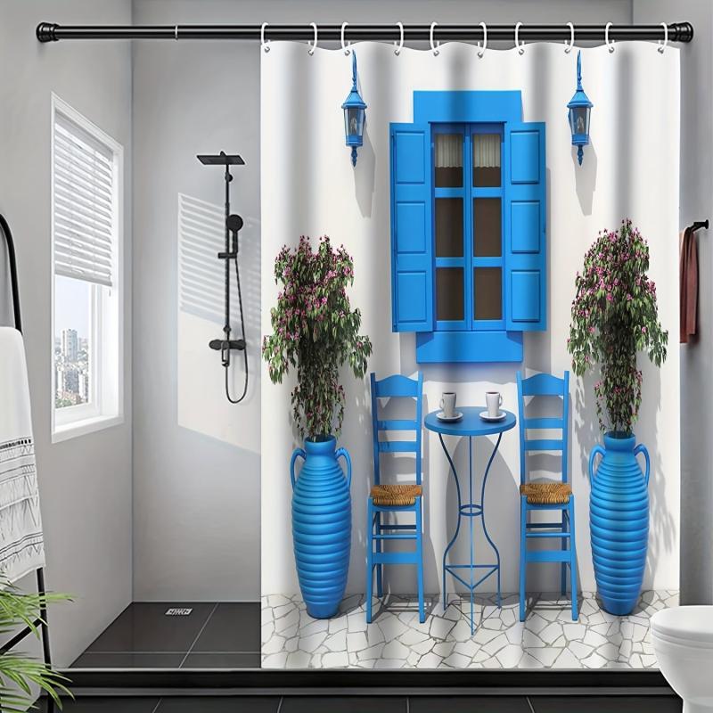 Greek Summer House Pattern Shower Curtain With Hooks