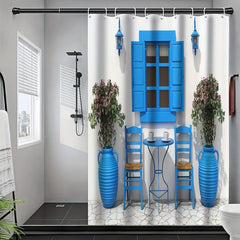 Greek Summer House Pattern Shower Curtain With Hooks