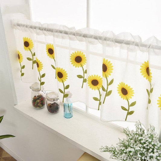 Kitchen Sheer Curtain Sunflower Pattern Embroidered Valance Short Curtain