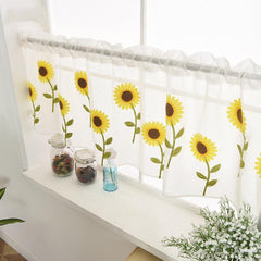 Kitchen Sheer Curtain Sunflower Pattern Embroidered Valance Short Curtain