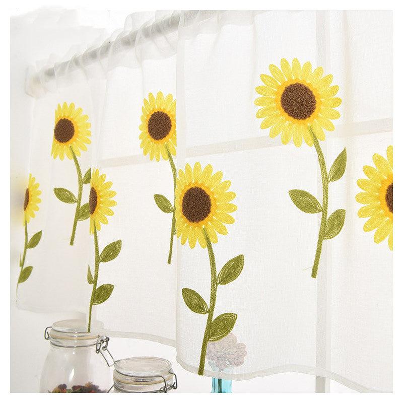 Kitchen Sheer Curtain Sunflower Pattern Embroidered Valance Short Curtain