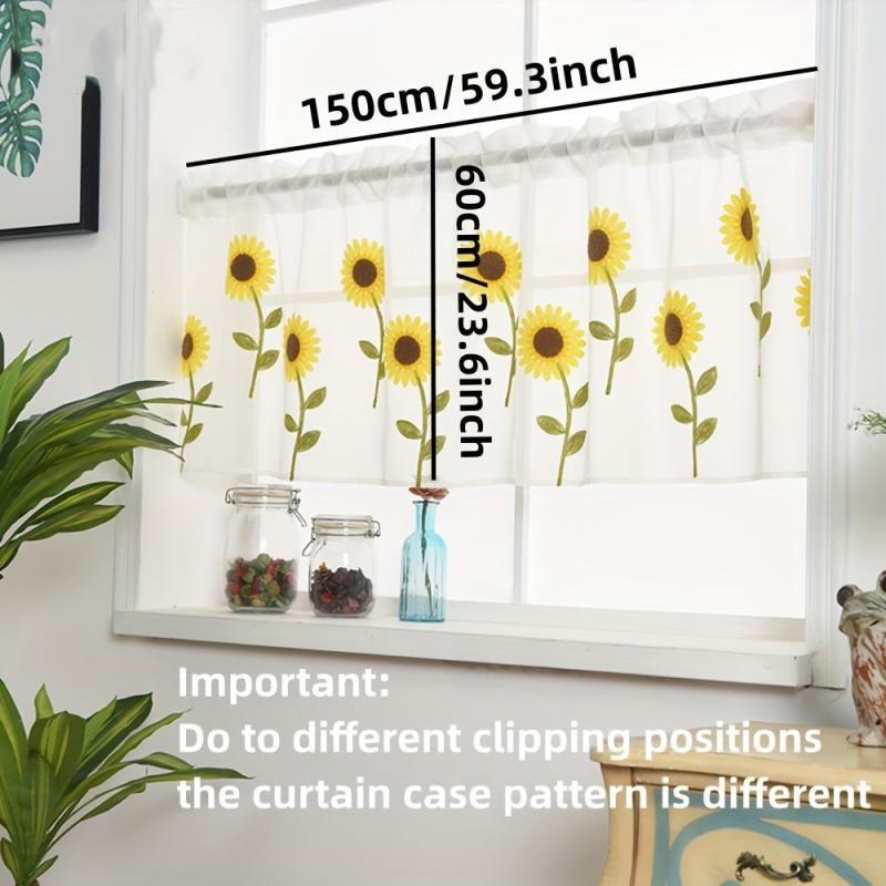Kitchen Sheer Curtain Sunflower Pattern Embroidered Valance Short Curtain