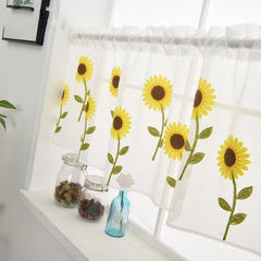Kitchen Sheer Curtain Sunflower Pattern Embroidered Valance Short Curtain