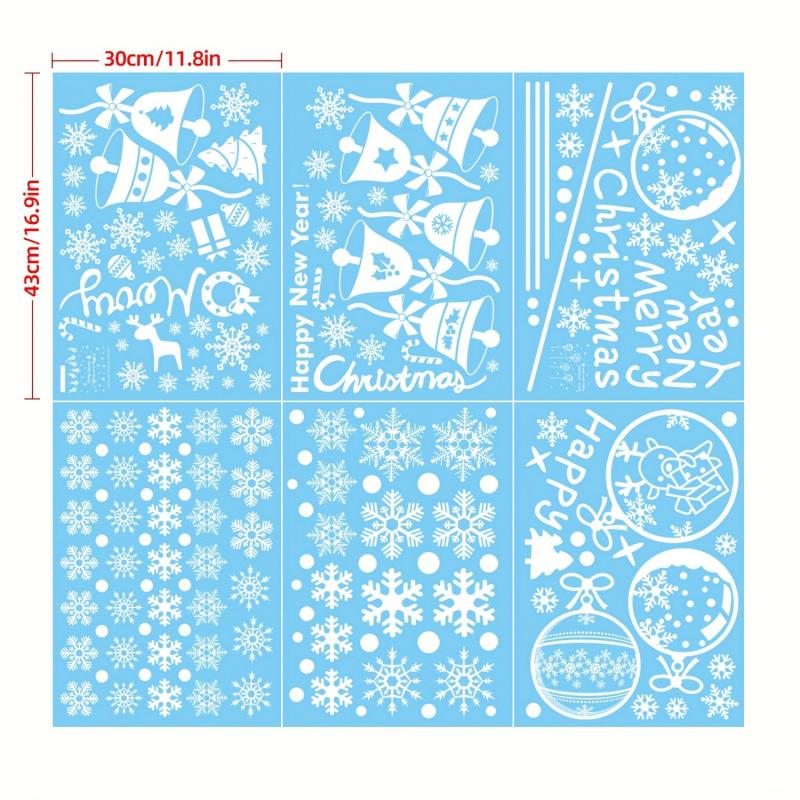 6pcs Christmas Glass Window Stickers Snowflake Bells Holiday Decor