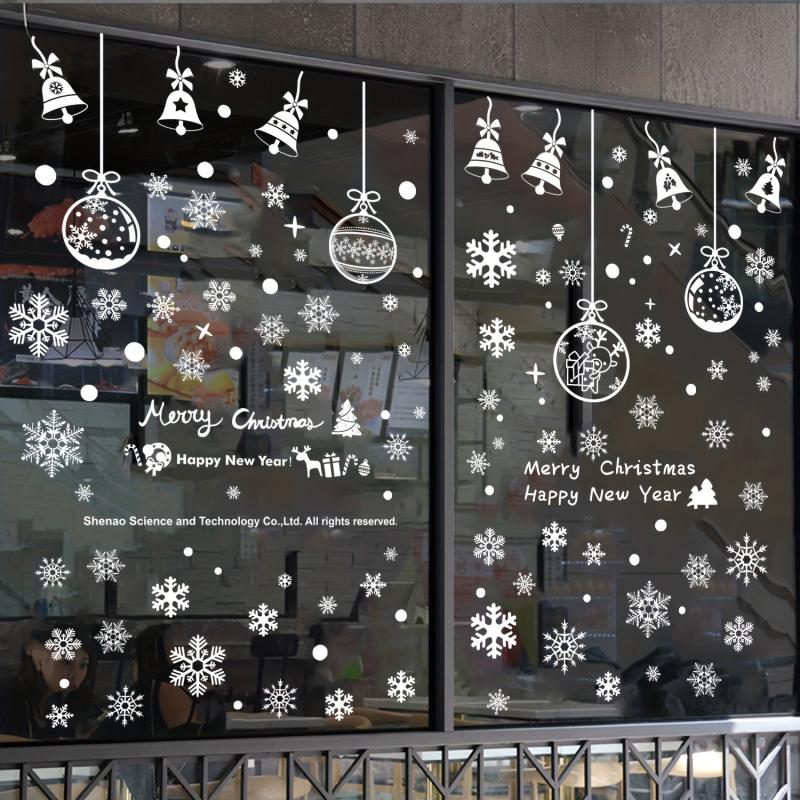 6pcs Christmas Glass Window Stickers Snowflake Bells Holiday Decor