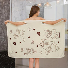 Rabbit Pattern Microfiber Bathrobe Towel Wearable Wrap Skirt Soft Absorbent