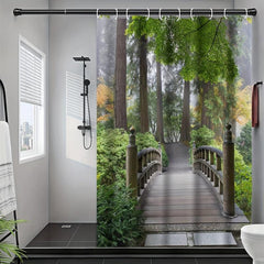 Wooden Bridge Shower Curtain Mountain View with 12 Hooks