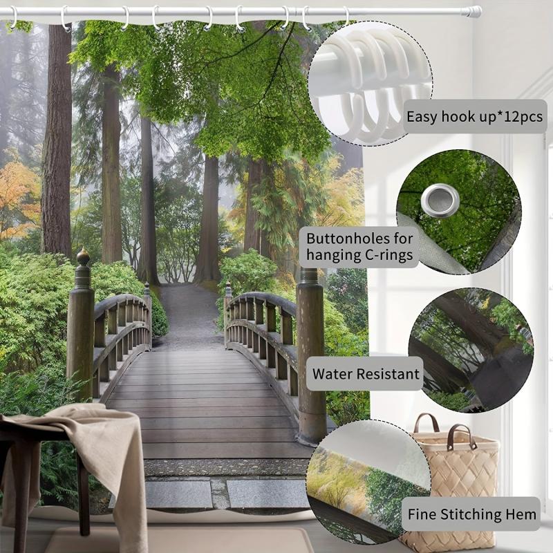 Wooden Bridge Shower Curtain Mountain View with 12 Hooks