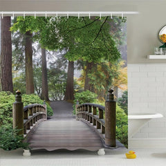 Wooden Bridge Shower Curtain Mountain View with 12 Hooks