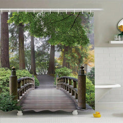 Wooden Bridge Shower Curtain Mountain View with 12 Hooks