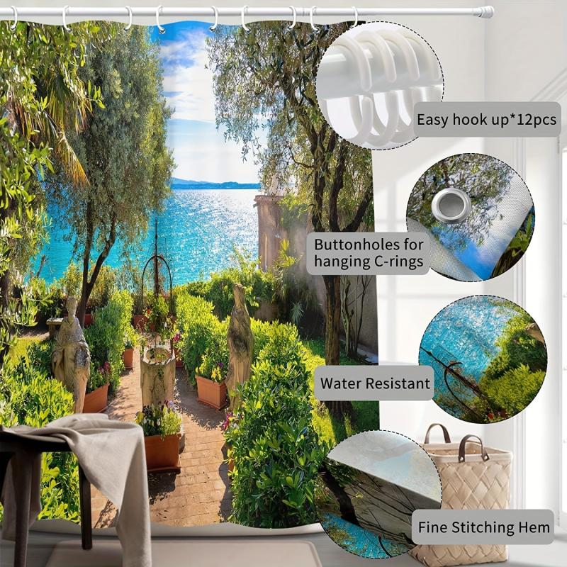 Seaside Garden Shower Curtain 3D Landscape with 12 Hooks