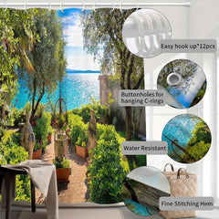 Seaside Garden Shower Curtain 3D Landscape with 12 Hooks