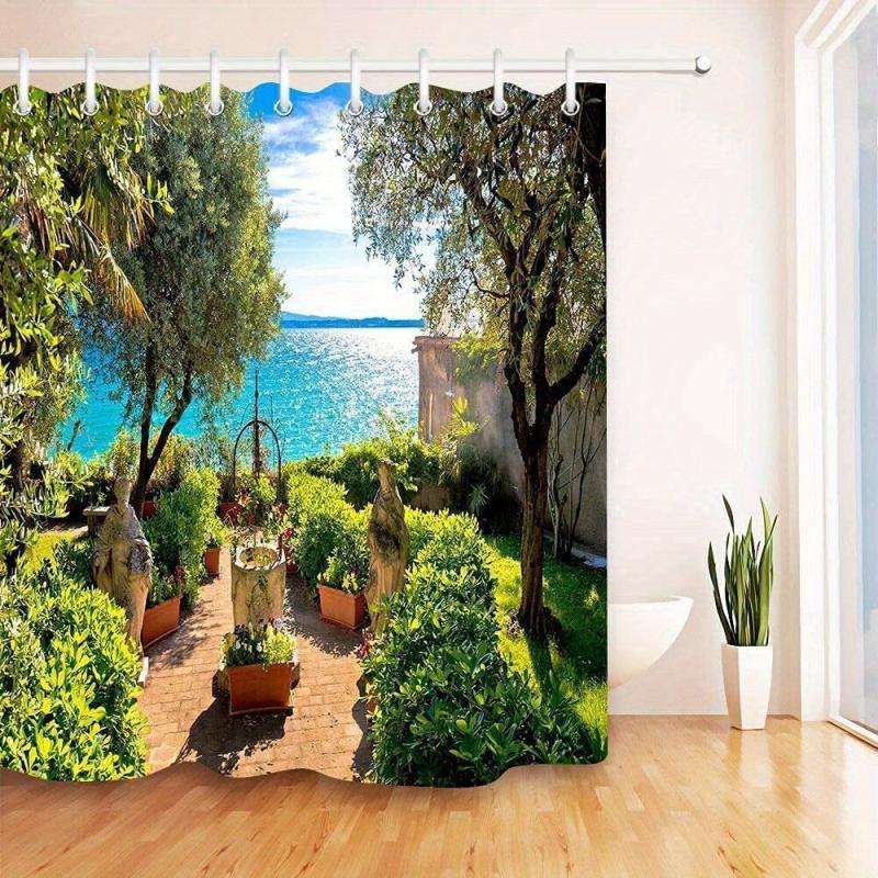 Seaside Garden Shower Curtain 3D Landscape with 12 Hooks