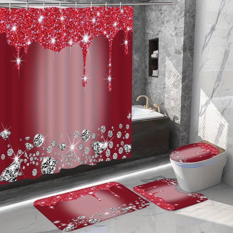 4Pcs Diamond Pattern Shower Curtain Set with Non-Slip Rugs