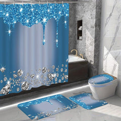 4Pcs Diamond Pattern Shower Curtain Set with Non-Slip Rugs