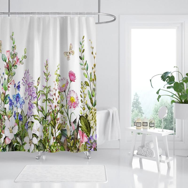 Colorful Floral Shower Curtain with 12 Hooks
