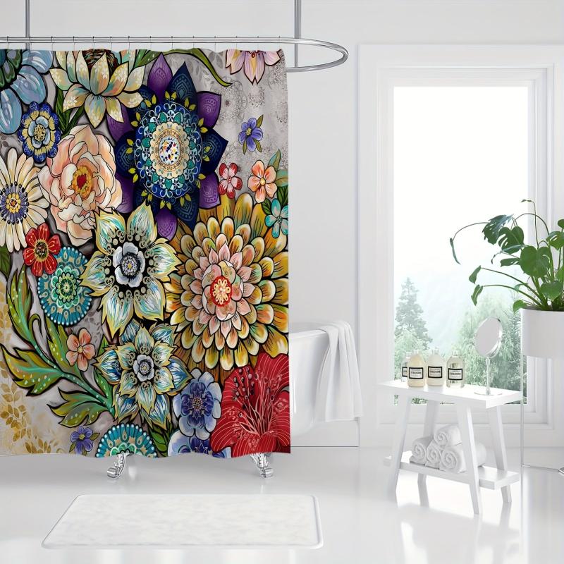 Colorful Floral Shower Curtain with 12 Hooks