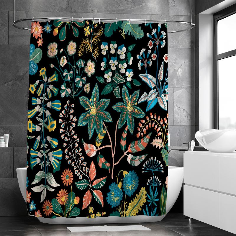 Colorful Floral Shower Curtain with 12 Hooks
