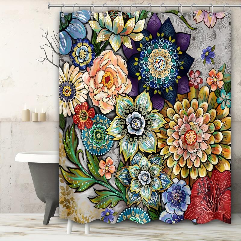 Colorful Floral Shower Curtain with 12 Hooks