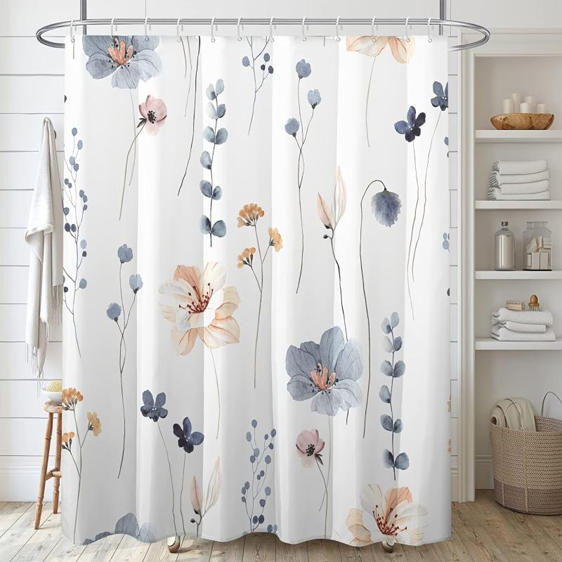 Watercolor Floral Shower Curtain Set with 12 Hooks
