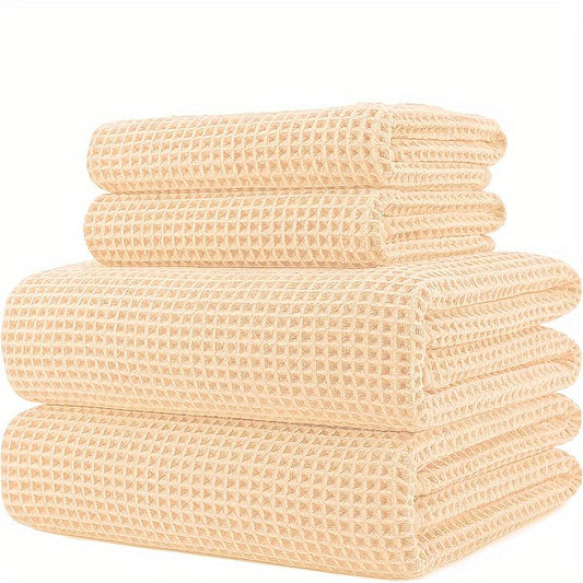 4pcs Solid Waffle Towels Set Soft Absorbent Bathroom Towels Cotton Towels