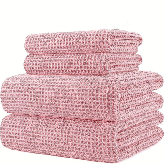 4pcs Solid Waffle Towels Set Soft Absorbent Bathroom Towels Cotton Towels