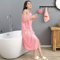 Flower Embroidery Coral Velvet Bath Skirt with Pocket