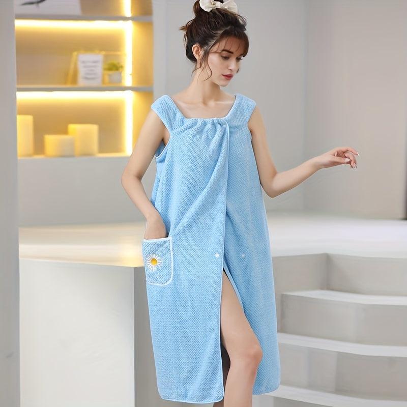 Flower Embroidery Coral Velvet Bath Skirt with Pocket