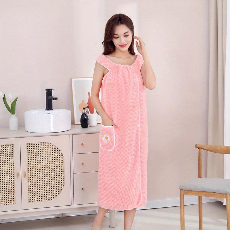 Flower Embroidery Coral Velvet Bath Skirt with Pocket