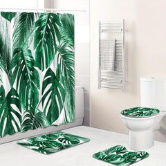 Green Leaves Shower Curtain Blanket Set Bathroom Decor