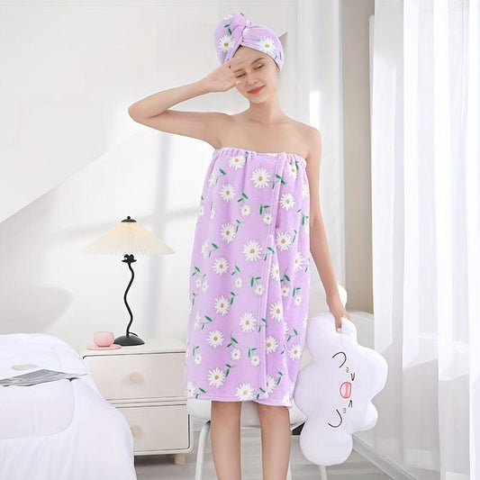 2pcs Coral Velvet Bath Wrap Towel & Hair Cap