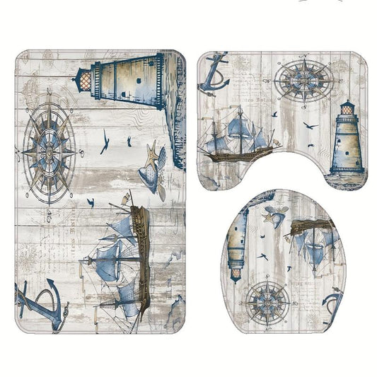 3pcs Waterproof Shower Curtain with Non Slip Bathroom Rug Complete Set