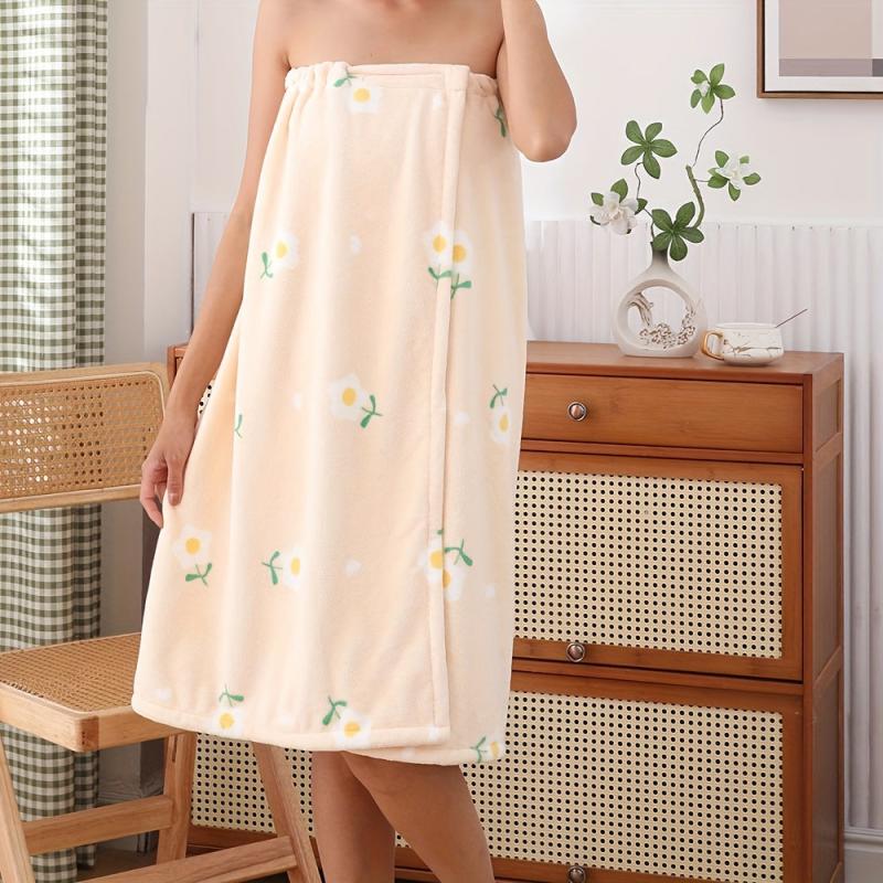 Flower Printed Bathrobe Skirt Wrap Towel for Women Adjustable Shower Nightgown