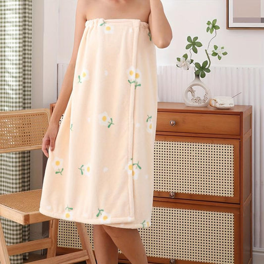 Flower Printed Bathrobe Skirt Wrap Towel for Women Adjustable Shower Nightgown