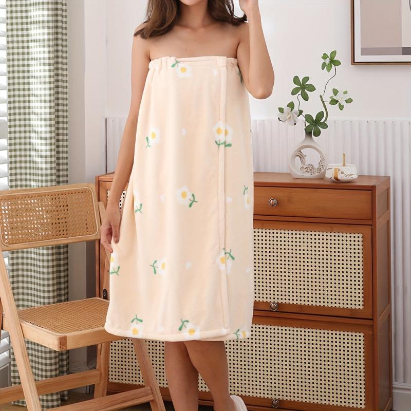 Flower Printed Bathrobe Skirt Wrap Towel for Women Adjustable Shower Nightgown