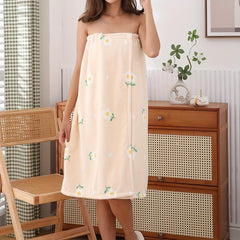 Flower Printed Bathrobe Skirt Wrap Towel for Women Adjustable Shower Nightgown