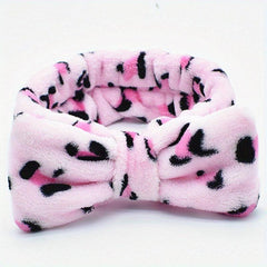 Leopard Bow Decor Headband Coral Velvet Bath Headband