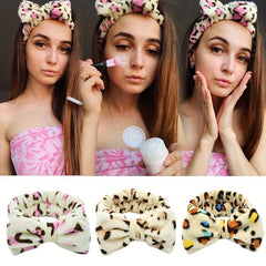 Leopard Bow Decor Headband Coral Velvet Bath Headband