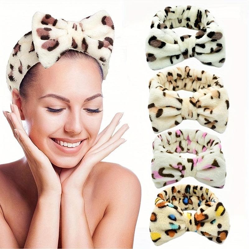 Leopard Bow Decor Headband Coral Velvet Bath Headband