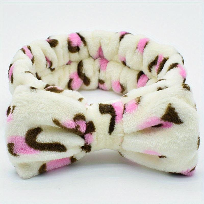 Leopard Bow Decor Headband Coral Velvet Bath Headband