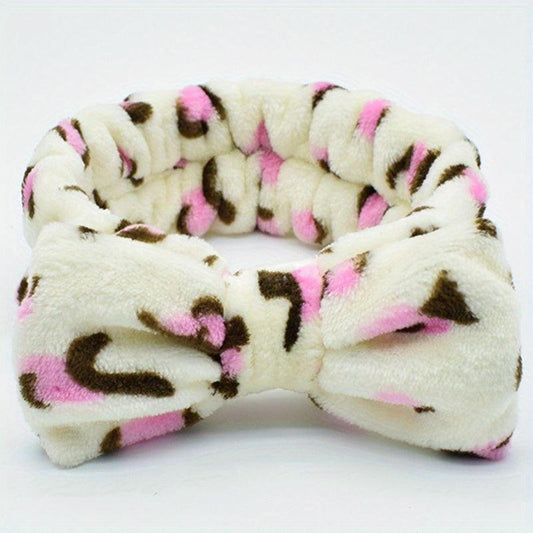 Leopard Bow Decor Headband Coral Velvet Bath Headband
