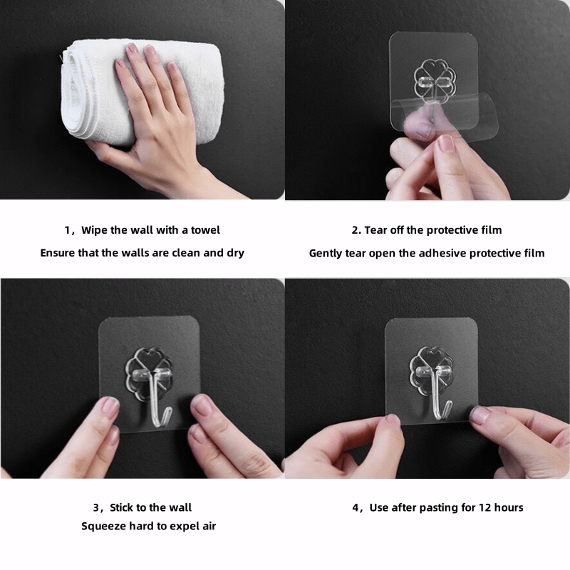 10pcs Transparent Adhesive Hooks for Home, Bathroom Storage Rack