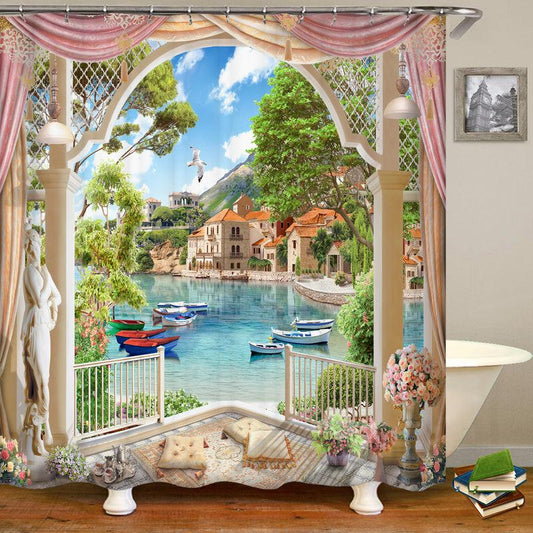 1/3/4pcs Landscape Shower Curtain Set with Bathroom Non Slip Mat and Toilet Rug