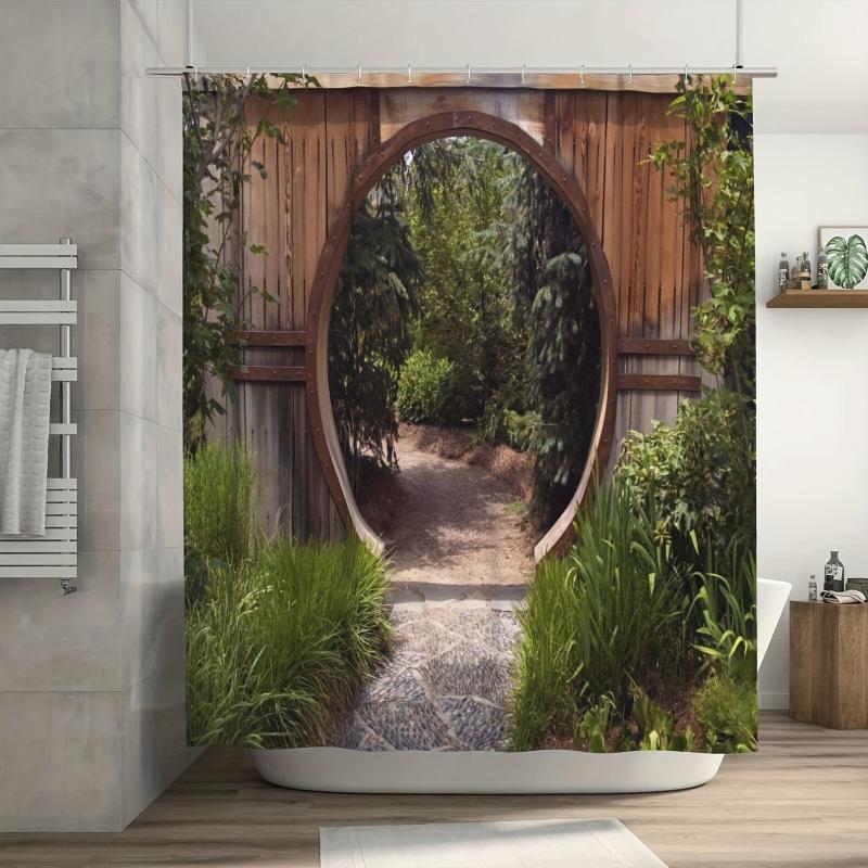 Circle Doorway Shower Curtain Rustic Landscape Pattern With Hooks