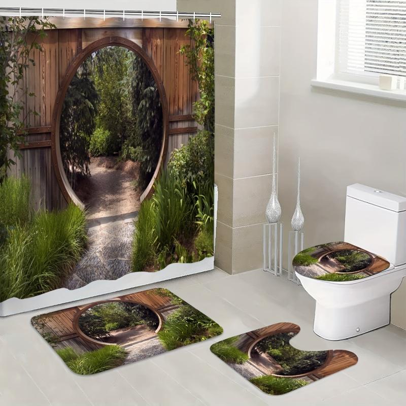 Circle Doorway Shower Curtain Rustic Landscape Pattern With Hooks