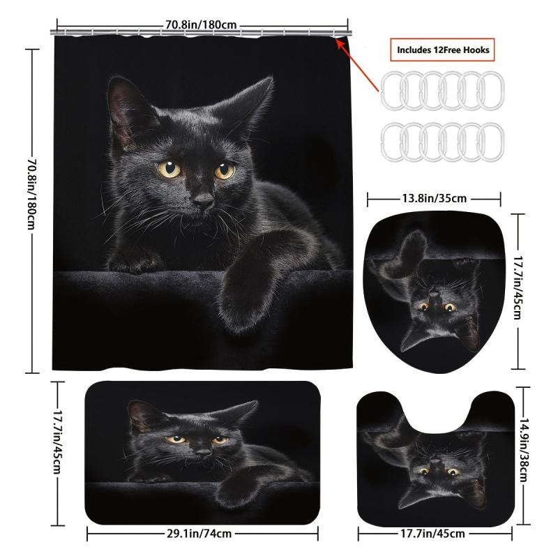 4pcs Cat Shower Curtain Set with Non-Slip Bathroom Rug