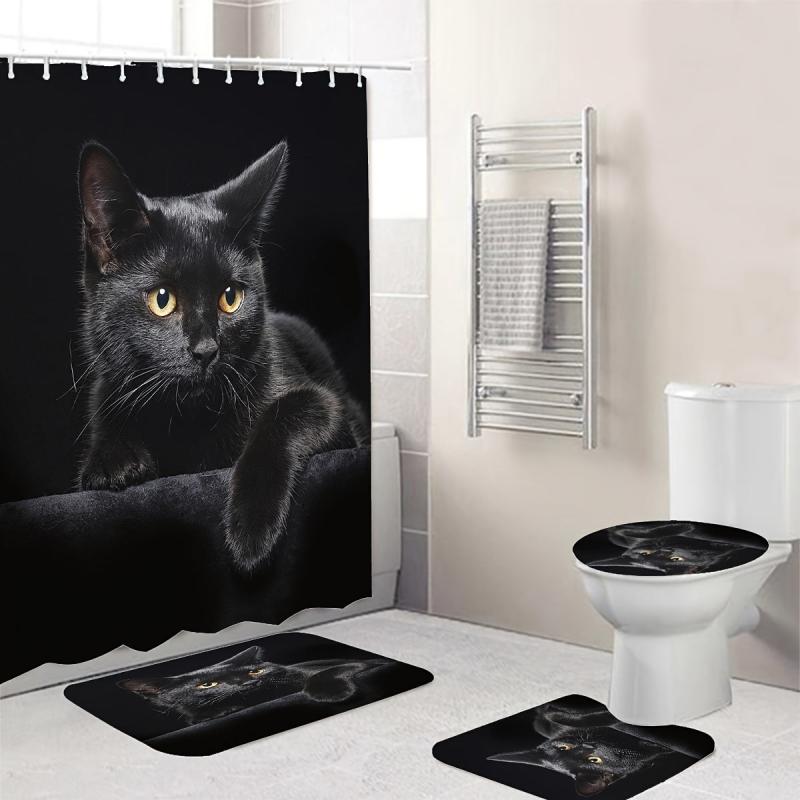 4pcs Cat Shower Curtain Set with Non-Slip Bathroom Rug
