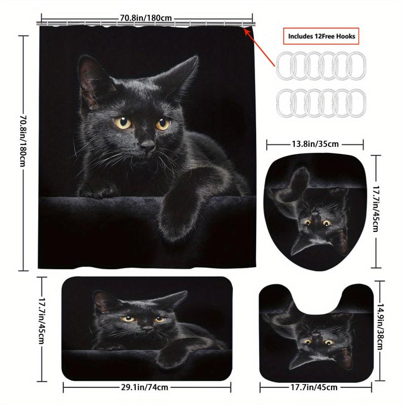 4pcs Cat Shower Curtain Set with Non-Slip Bathroom Rug
